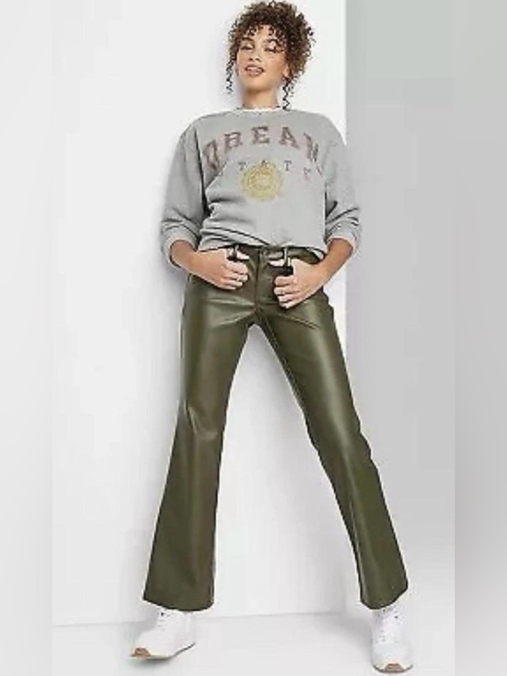 Wild Fable Women's Size 00 Low-Rise Flare Pant Olive Green Vegan Leather Pockets